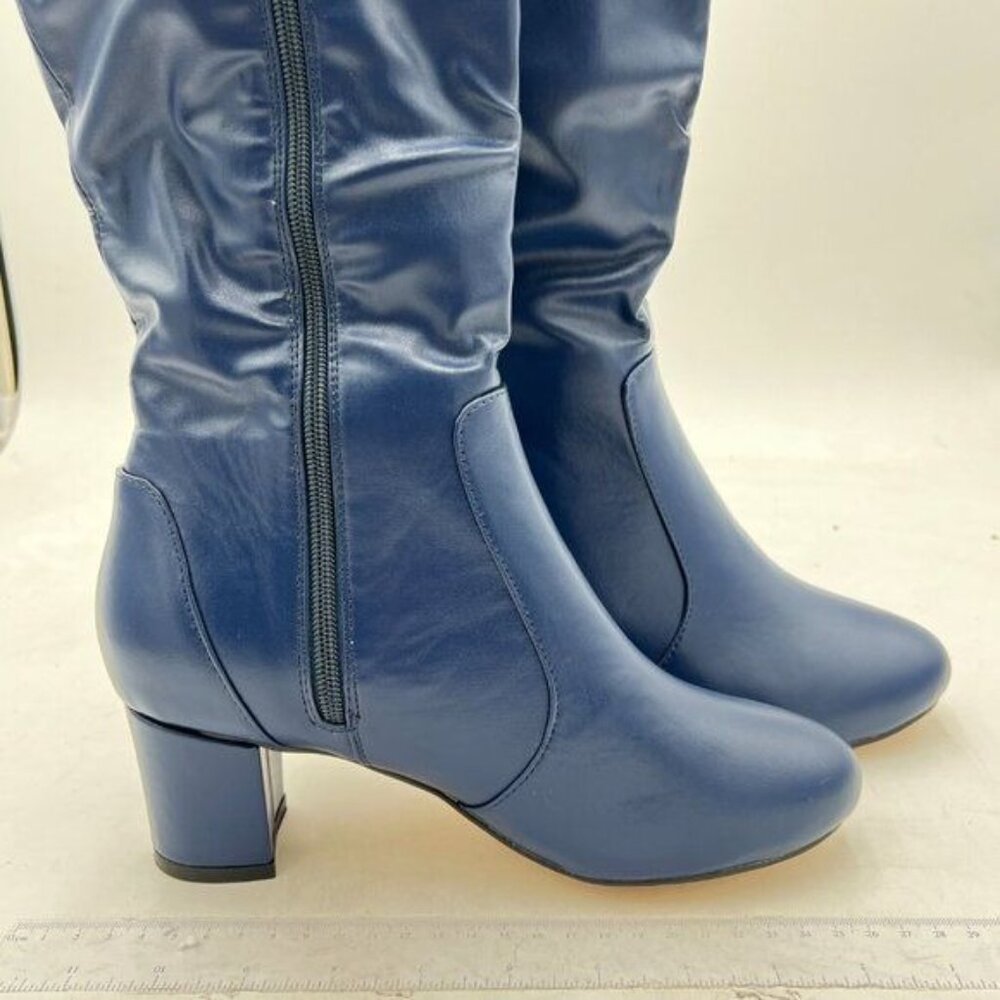 Blue Womens Fashion Outdoor Matte Round Toe Zip Chunky Low Heel Knee High Boots